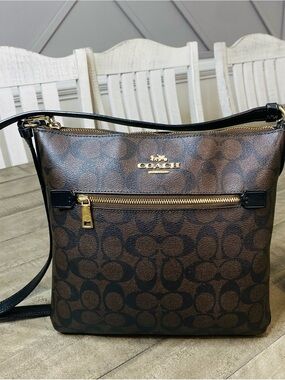 Coach Rowan File Bag Crossbody Signature Canvas Brown Black Gold Hardware